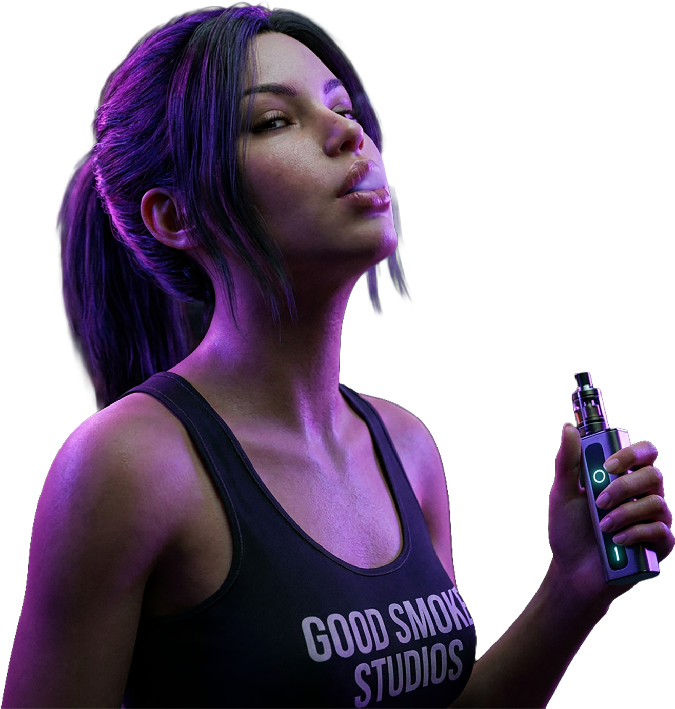 Woman exhaling iridescent vape smoke wearing a Good Smoke Studios tank top